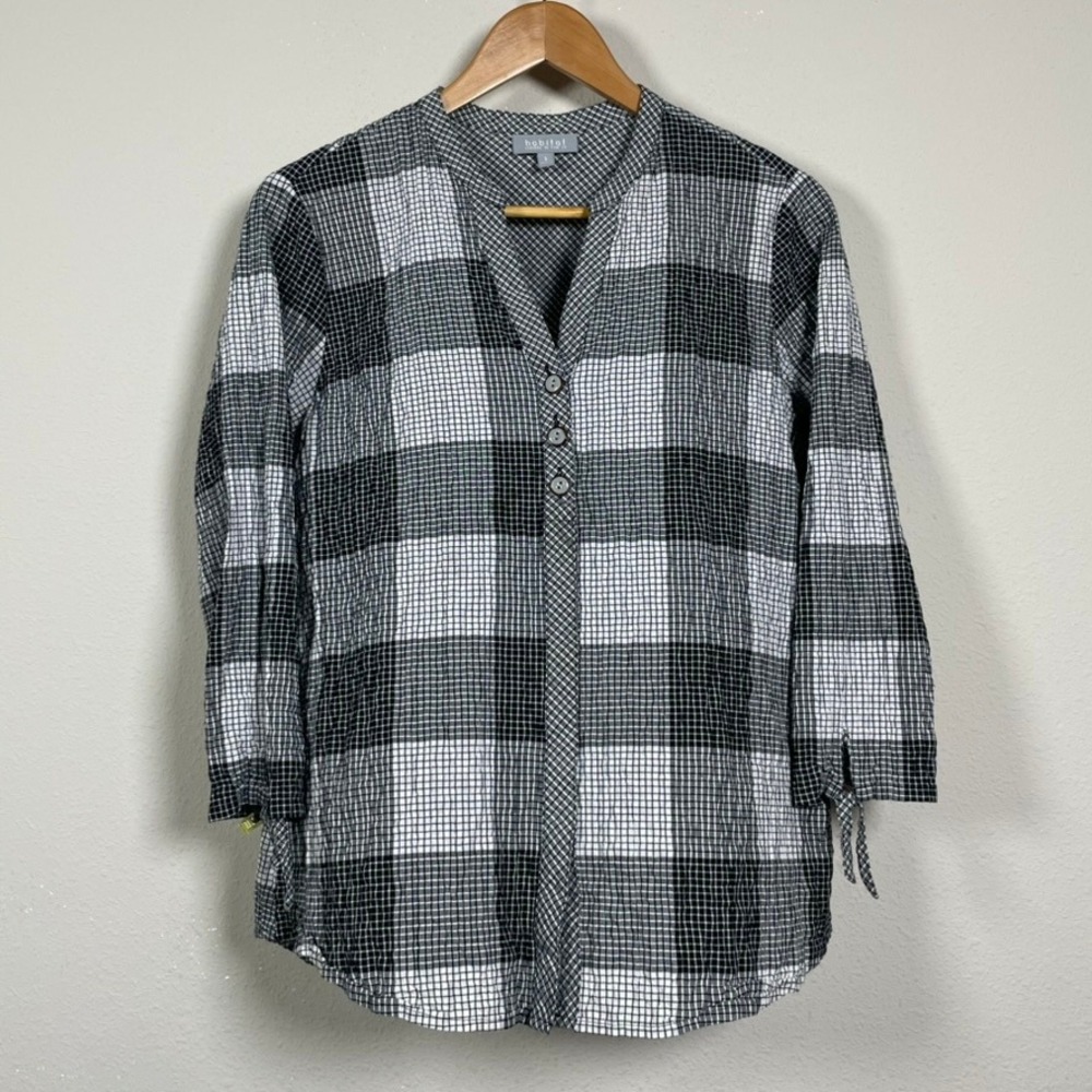 Habitat Gingham Tunic S Black White Crinkle 3/4 Tie Sleeve V-Neck Top Coastal